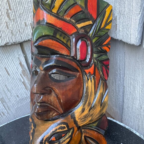 Warrior Chief Totem Mayan Aztec Face Mask Hand Carved Wooden Painted - Picture 5 of 6